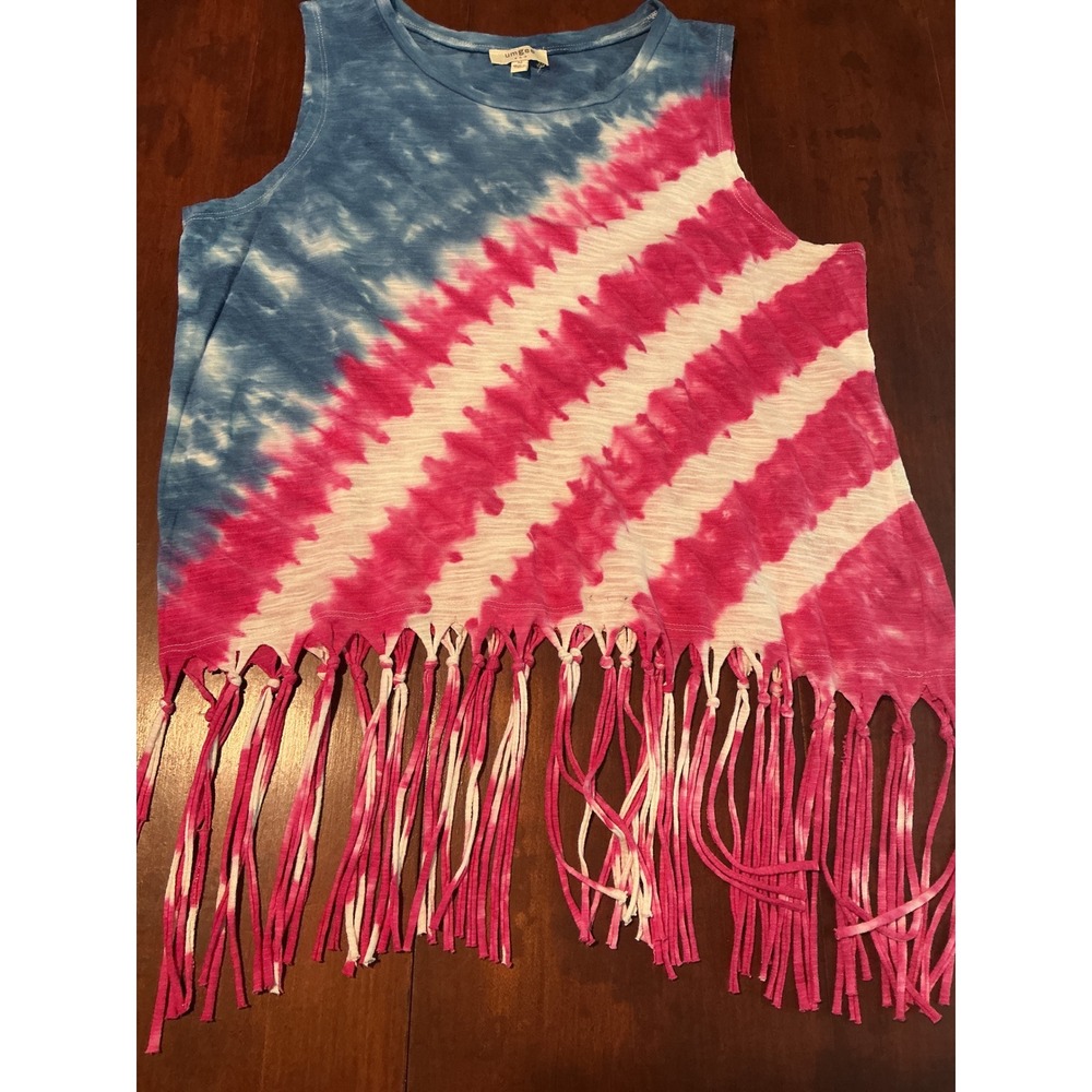 Umgee USA American Flag Tie Dye Fringe Tank Top Medium Red White Blue Patriotic